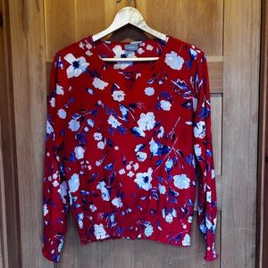 Women’s B. Young Red Floral V-Neck Long Sleeve Blouse with Smocked Hem